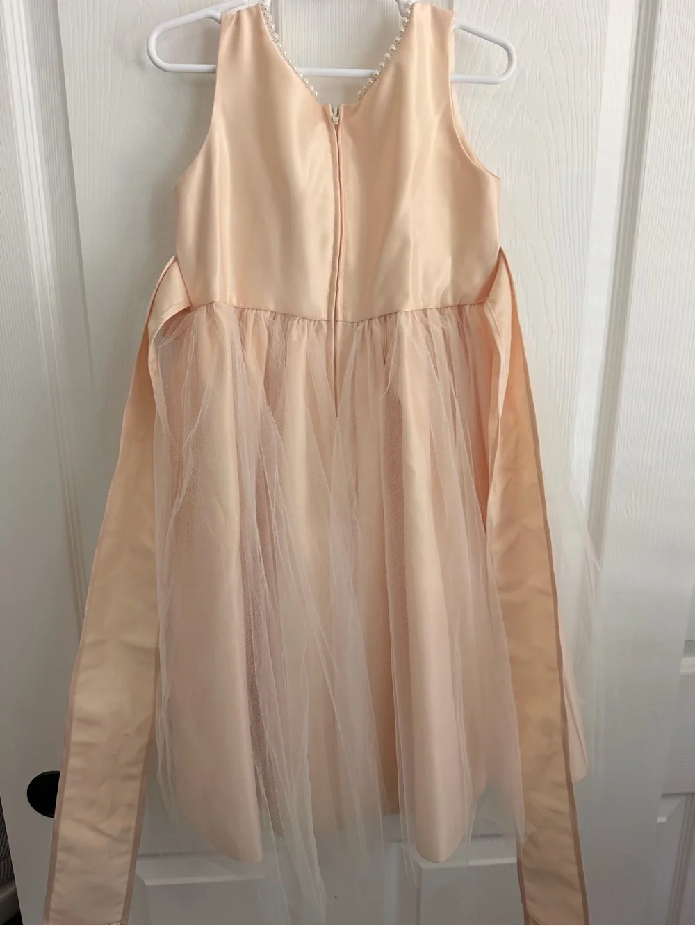 Girls' Pearl-Trim Peach Bow Tulle Dress